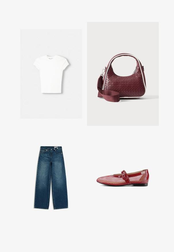 T-shirt blanc à manches courtes en coton doux, avec un col rond et une coupe ajustée. Pas de motifs ni d'ornements visibles.; Jean bleu taille haute à jambes larges avec poches devant et derrière et un détail de ceinture boutonnée en diagonale.; Ballerines en cuir verni rouge avec une superposition en mesh, détail de boucle circulaire sur la sangle, bout pointu et petit talon noir.; Sac à main en cuir tressé marron foncé avec poignée courbée, garniture blanche, fermeture éclair argentée et bandoulière large en tissu amovible sur fond uni.