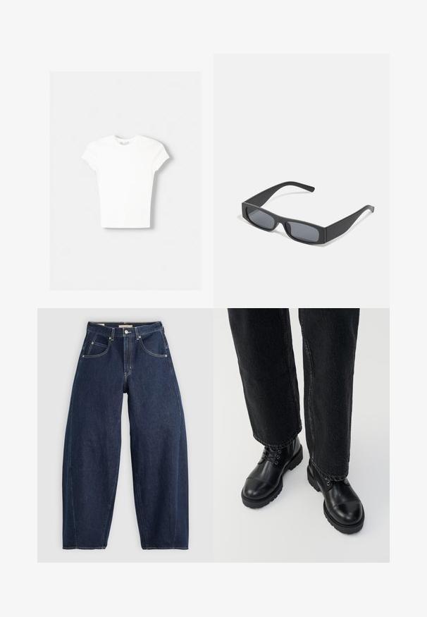 Weißes kurzärmliges T-Shirt aus weicher Baumwolle, mit Rundhalsausschnitt und figurbetonter Form. Keine sichtbaren Muster oder Verzierungen.; Dunkelblaue Denim-Jeans mit lockerer Passform, heller Naht, fünf Taschen und einem Knopfverschluss am Bund.; Schwarze Lederknöchelstiefel mit runden Zehen, Schnürsenkeln und einer robusten, dicken Sohle. Kombiniert mit dunklen Jeans, die ein rohes Saumdetail aufweisen.; Schwarze rechteckige Sonnenbrillen mit dunklen Gläsern und dicken matten Rahmen. Die Bügel sind leicht verjüngt und haben eine glatte Oberfläche.