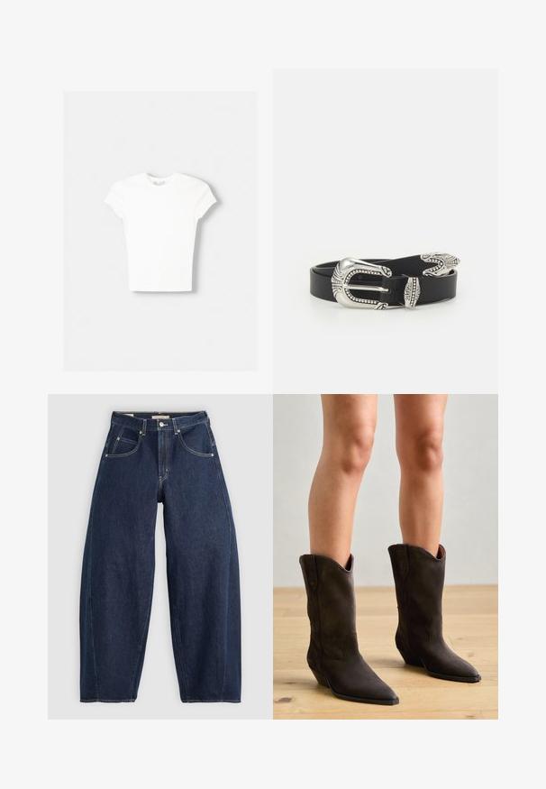 Hvid kortærmet t-shirt lavet af blød bomuld, med rund halsudskæring og en tætsiddende form. Ingen synlige mønstre eller udsmykninger.; Mørkeblå denim jeans med løs pasform, lyse syninger, fem lommer og en knaplukning ved taljen.; Pavement NIKKI - Cowboy- / bikerstøvler - brown; Sort læderbælte med en stor sølvmetalspænde, der har indviklede detaljer og dekorative accenter i begge ender.