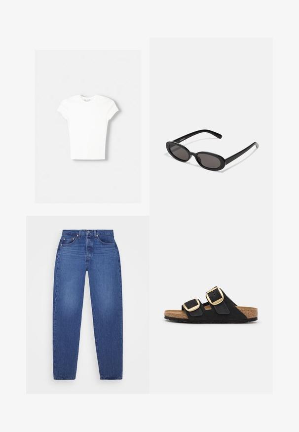 Witte t-shirt met korte mouwen van zachte katoen, met een ronde halslijn en een getailleerde vorm. Geen zichtbare patronen of versieringen.; Blauwe denim jeans met een rechte pijp, vijf zakken, koperen klinknagels en een vervaagde structuur. Klassieke taille met een rits sluiting.; Zwarte suède instapsandalen met twee brede bandjes, elk met een grote gouden gesp, en een natuurlijke kurken voetbed met een gestructureerde rubberen zool.; Even&Odd by Zalando Zonnebril - black