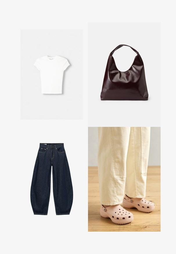 Weißes kurzärmliges T-Shirt aus weicher Baumwolle, mit Rundhalsausschnitt und figurbetonter Form. Keine sichtbaren Muster oder Verzierungen.; Dunkelblaue Jeans mit weitem Bein, vorderen Taschen, Gürtelschlaufen und Knopfverschluss in der Taille.; Helle rosa Clogs aus Gummi, mit Belüftungslöchern, einer konturierten Form und einer strukturierten Sohle für Halt. Getragen mit hellbeigen Hosen.; Burgunderfarbene, glänzende tote Bag aus veganem Leder mit einer weichen, skulpturalen Form und einem breiten, geschwungenen Henkel für einfaches Tragen.