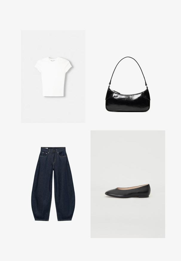 T-shirt blanc à manches courtes en coton doux, avec un col rond et une coupe ajustée. Pas de motifs ni d'ornements visibles.; Jean en denim bleu foncé à jambes larges avec poches avant, passants de ceinture et fermeture par bouton à la taille.; Ballet flats en cuir noir avec un bout rond, un design minimal, un petit talon rectangulaire et une texture lisse. Simple et polyvalent.; Sac à épaule en cuir noir brillant avec un seul compartiment zippé et une fine bandoulière arquée.