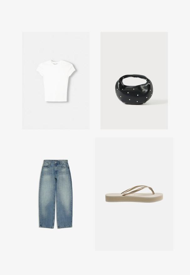 T-shirt blanc à manches courtes en coton doux, avec un col rond et une coupe ajustée. Pas de motifs ni d'ornements visibles.; Jean en denim bleu clair avec une taille haute, des jambes larges, des poches avant et une fermeture par bouton et zip, posé à plat sur un fond blanc.; Sandale tongs beige avec semelle texturée et bride en forme de Y métallique dorée sur fond blanc.; Sac à main en cuir noir de forme arrondie, décoré de clous argentés et équipé d'une poignée courte. Texture lisse et fermeture éclair.