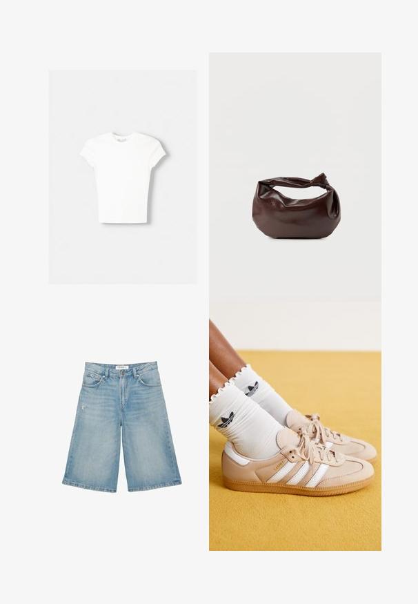 Hvid kortærmet t-shirt lavet af blød bomuld, med rund halsudskæring og en tætsiddende form. Ingen synlige mønstre eller udsmykninger.; Lyseblå denimshorts med høj talje, knapper og lynlås foran, to forlommer og diskrete slidte detaljer på venstre lår.; Beige lædersneakers med hvide striber og guld branding, parret med hvide rynkede sokker med et sort logo. Tekstureret gummisål.; Mørkebrun læder skuldertaske med en blød, afslappet form og et snoet knudehåndtag på en ensartet hvid baggrund.