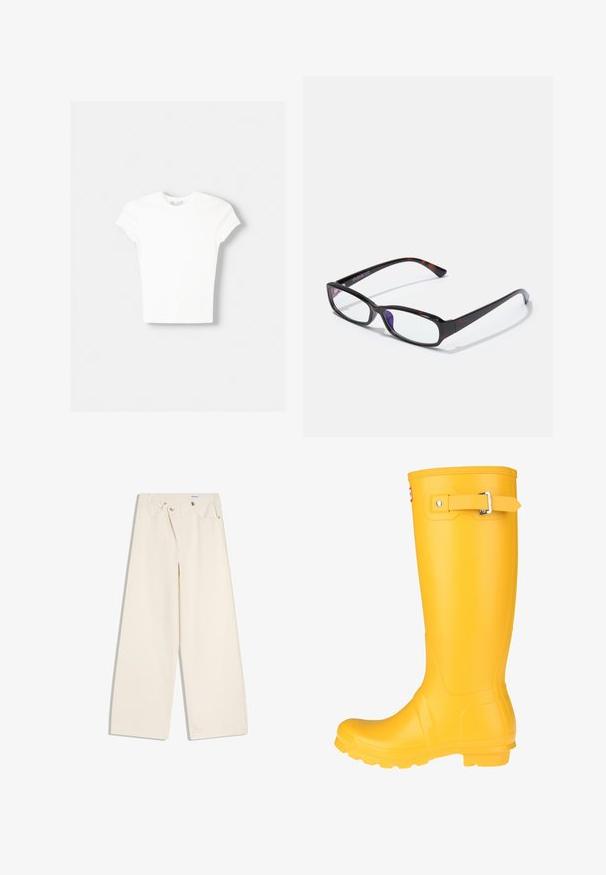 Witte t-shirt met korte mouwen van zachte katoen, met een ronde halslijn en een getailleerde vorm. Geen zichtbare patronen of versieringen.; Off-white wijde broek met steekzakken aan de voorkant, lussen voor een riem en zilveren knopen op de tailleband en de randen van de zakken.; Geel rubberen regenlaars met een gladde oppervlakte, verstelbare gesp, en een gestructureerde zool voor grip. Hoge ontwerp, ronde neus en naadloze body.; Rechthoekige bril met een schildpadpatroon, zwart kunststof montuur en transparante glazen. Voorzien van dunne pootjes en een lichte buiging aan de uiteinden.