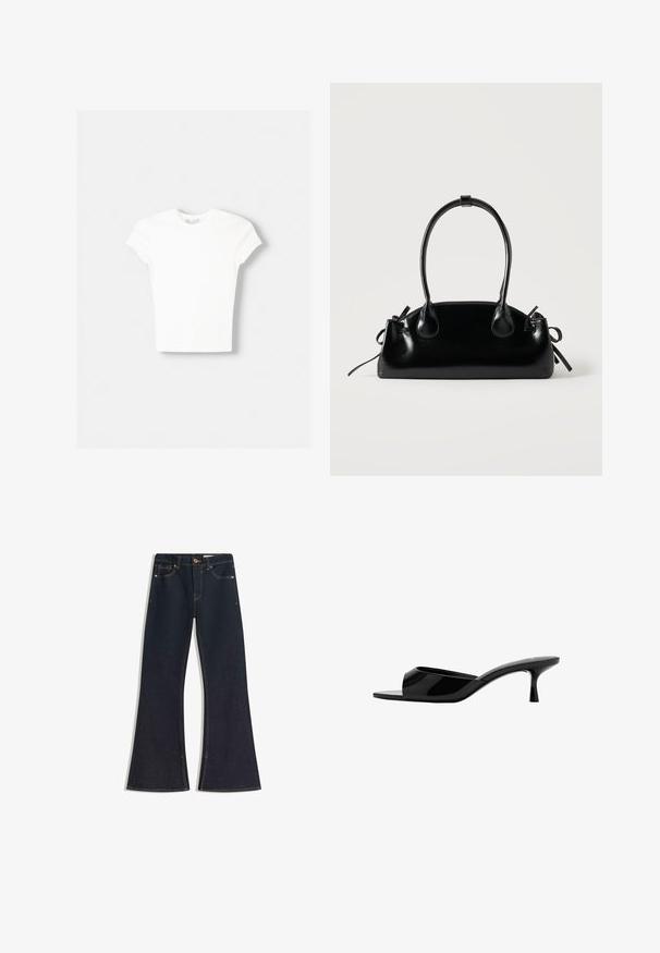 T-shirt blanc à manches courtes en coton doux, avec un col rond et une coupe ajustée. Pas de motifs ni d'ornements visibles.; Jean évasé en denim foncé avec une taille haute, des coutures contrastantes, une fermeture à bouton et quatre poches. Les jambes s'élargissent à l'ourlet.; Mule en cuir verni noir à bout ouvert, à petit talon fin et bas type kitten heel, avec un design facile à enfiler.; Petit sac à main noir brillant avec deux longues anses et des détails à cordon sur les côtés sur un fond clair uni.