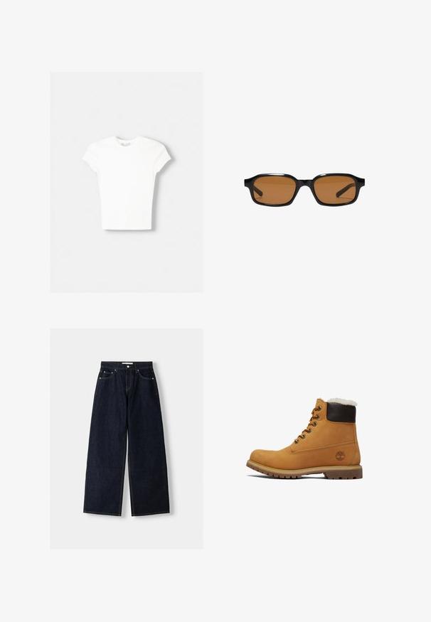 Witte t-shirt met korte mouwen van zachte katoen, met een ronde halslijn en een getailleerde vorm. Geen zichtbare patronen of versieringen.; Donkerblauwe denim wijduitlopende jeans met een hoge taille, vijf zakken, contrasterende stiksels en zilveren metalen hardware. Gladde textuur en een nette afwerking.; Tan leren enkellaars met een bruine verhoogde kraag, metalen oogjes en een gestructureerde, duurzame zool. Bevat een logo nabij de hak.; Zwarte rechthoekige zonnebril met dikke monturen en bruin getinte glazen, getoond van voren op een witte achtergrond.