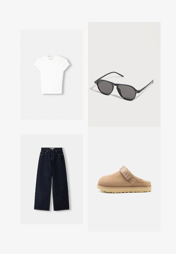 Hvid kortærmet t-shirt lavet af blød bomuld, med rund halsudskæring og en tætsiddende form. Ingen synlige mønstre eller udsmykninger.; Mørkeblå denim wide-leg jeans med høj talje, fem lommer, kontraststing og sølvfarvet metalbeslag. Glat overflade og pæn finish.; Beige suedeklums med en tekstureret overdel, justerbar rem og en solid gummisål med en skridsikker mønster.; Sorte solbriller med runde stel og mørketonede glas, hvilende på en hvid overflade, let vinklet mod højre.