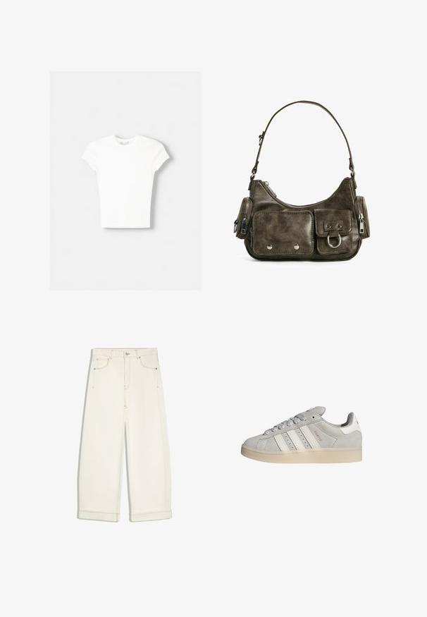 Witte t-shirt met korte mouwen van zachte katoen, met een ronde halslijn en een getailleerde vorm. Geen zichtbare patronen of versieringen.; Off-white wijde cropped broek met knoop aan de voorkant, rits, twee voorzakken en zichtbare bruine stiksels.; Grijze suède sneakers met witte leren accenten, drie witte strepen en een lichtgekleurde rubberen zool. Voorzien van platte veters en een ronde neus.; Donkergroene leren handtas met een gebogen vorm, met ritszakken en een voorflapzak. Voorzien van zilveren hardware en een gestructureerde afwerking.