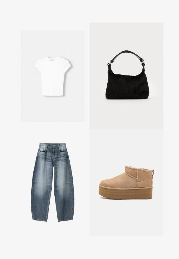 Hvid kortærmet t-shirt lavet af blød bomuld, med rund halsudskæring og en tætsiddende form. Ingen synlige mønstre eller udsmykninger.; Bredde jeans lavet af lyseblå denim med falmning, der har et fem-lomme design, knaplukning og minimale syninger.; Beige ruskinds ankelstøvler med et blødt indre, der har en platformssål og en strop bagpå for nem påtagning. Tekstureret gummisål.; Sort faux fur håndtaske med en blød tekstur, rund form og en robust skulderrem i sort læder. Synlige sølvhardware-detaljer.
