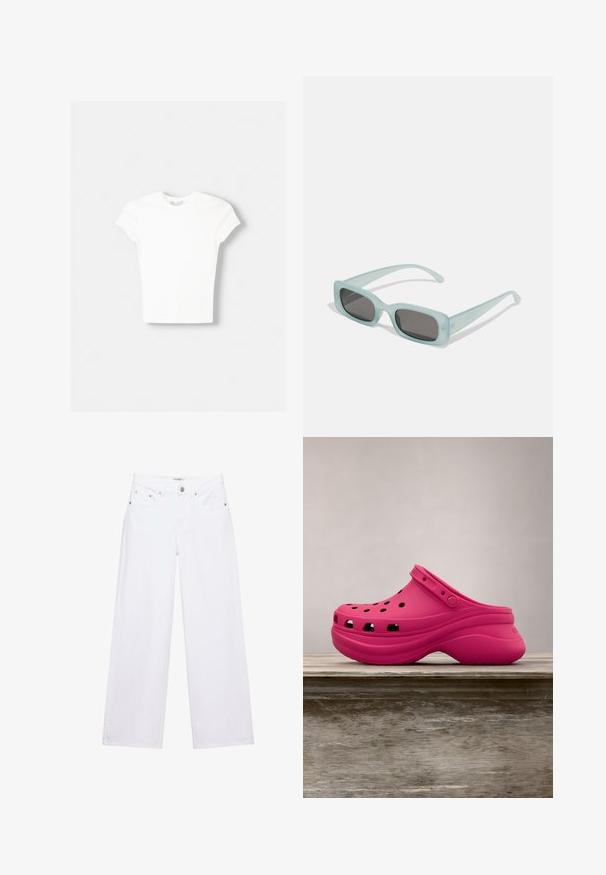 Weißes kurzärmliges T-Shirt aus weicher Baumwolle, mit Rundhalsausschnitt und figurbetonter Form. Keine sichtbaren Muster oder Verzierungen.; Weiße, hoch taillierte Jeans mit weitem Bein, Knopf- und Reißverschluss, Taschen vorne und hinten sowie silbernen Nieten.; Helle pinke Gummischuhe mit Belüftungslöchern, einem Rückengurt und einer ergonomisch geformten Plattformsohle für mehr Komfort. Elegante und glatte Textur überall.; Ein Paar rechteckige Sonnenbrillen mit lichtblauen, halbtransparenten Rahmen und dunkelgrauen Gläsern, ausgestattet mit geraden Bügeln und minimalen Hardware-Details.