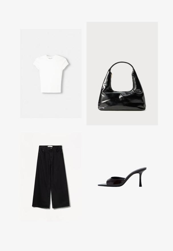 T-shirt blanc à manches courtes en coton doux, avec un col rond et une coupe ajustée. Pas de motifs ni d'ornements visibles.; Jean large noir en denim. Doté d'une taille haute, de poches avant et arrière, et d'un matériel argenté sur le bouton et la fermeture éclair.; Mules à talons hauts en cuir verni noir avec un bout carré et un design ouvert. Le talon est élancé et présente une finition brillante.; Sac à main en cuir verni noir avec une anse semi-circulaire, forme trapézoïdale, texture lisse et une fermeture éclair simple.