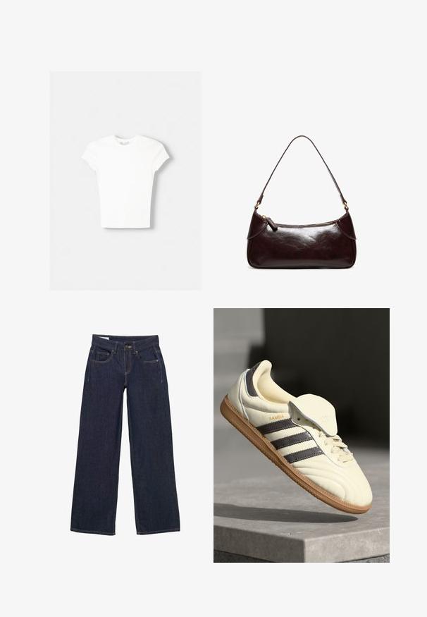 Hvid kortærmet t-shirt lavet af blød bomuld, med rund halsudskæring og en tætsiddende form. Ingen synlige mønstre eller udsmykninger.; Mørkeblå vidde jeans lavet af denim med knap- og lynlåslukning, fem lommer og gule syninger som accents.; Cremefarvede lædersneakers med tre mørke striber, en brun gummisål og en afrundet tå. Har en foldbar tunge mærket "SAMBA."; Mørkebrun skuldertaske i læder med en enkelt rem og lynlås, rektangulær form med afrundede kanter på hvid baggrund.