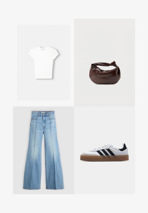 Witte t-shirt met korte mouwen van zachte katoen, met een ronde halslijn en een getailleerde vorm. Geen zichtbare patronen of versieringen.; Lichtblauwe high-waisted jeans met wijde pijpen, voor- en achterzakken, riemlussen en verticale naaddetails aan de voorkant.; Witte leren sneakers met zwarte strepen, gumrubberen buitenzool, ronde neus, vetersluiting en een zachte grijze suède neuskap.; Donkerbruine leren schoudertas met een zachte, slungelige vorm en een gedraaide knoopvormige handgreep op een effen witte achtergrond.