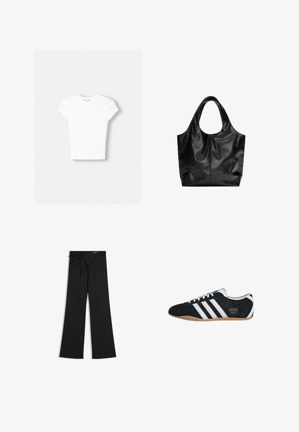 T-shirt blanc à manches courtes en coton doux, avec un col rond et une coupe ajustée. Pas de motifs ni d'ornements visibles.; Pantalon large noir à texture côtelée avec un détail à lacets à la taille, présenté sur un fond blanc.; Sneakers en suede noir avec trois bandes blanches, logo doré et semelle en caoutchouc marron. Présente un design à lacets à profil bas.; Sac fourre-tout en cuir noir avec une texture lisse, un haut arrondi doux et de larges poignées. Présente une couture minimale et une silhouette décontractée.