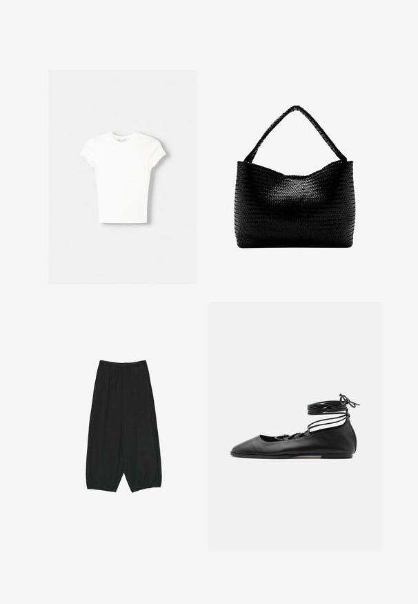 T-shirt blanc à manches courtes en coton doux, avec un col rond et une coupe ajustée. Pas de motifs ni d'ornements visibles.; Pantalon large noir ample avec taille et poignets élastiqués, doté de poches latérales et d'une coupe décontractée.; Chaussure de ballet plate en cuir noir avec un bout pointu, plusieurs fines brides sur le dessus et des lacets enroulés autour de la cheville.; Sac à main tissé noir avec une anse unique tressée, forme rectangulaire et surface texturée brillante.