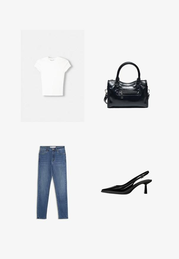 Hvid kortærmet t-shirt lavet af blød bomuld, med rund halsudskæring og en tætsiddende form. Ingen synlige mønstre eller udsmykninger.; Blå denim jeans med høj talje, slim fit, forlommer, lynlås og kontrasterende syninger. Struktureret design med en glat overflade.; Sort laklæder slingback pump med spids tå, mellemhøj blokhæl og justerbar spænde rem på hvid baggrund.; Sort skinnende læderhåndtaske med to håndtag, lynlåslomme foran og aftagelig skulderrem på hvid baggrund.