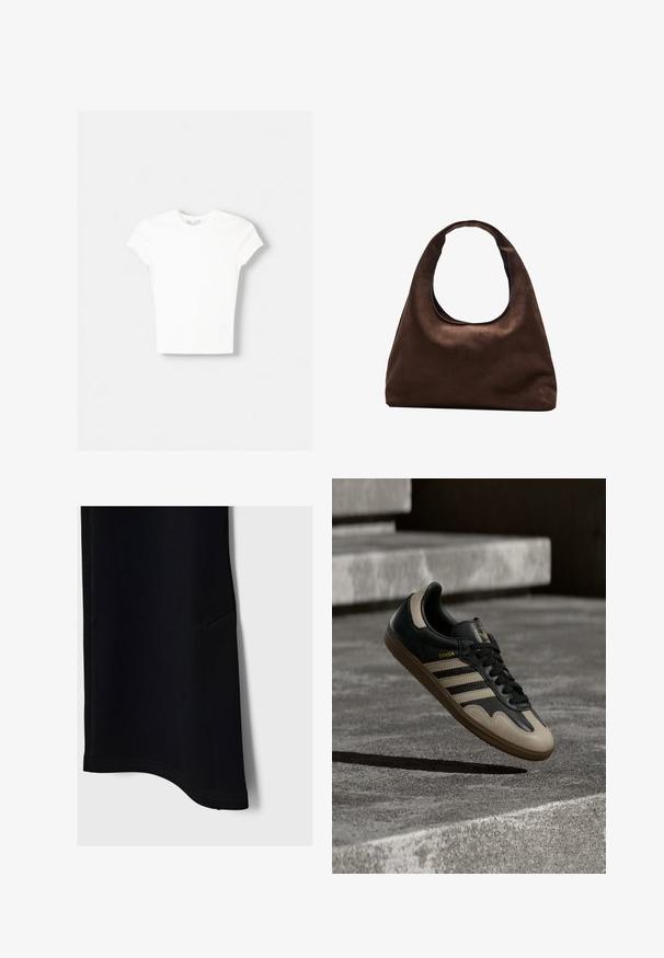 T-shirt blanc à manches courtes en coton doux, avec un col rond et une coupe ajustée. Pas de motifs ni d'ornements visibles.; Pantalons de sport noirs avec une texture lisse, un ourlet incurvé, une poche latérale et des coutures contrastées, conçus pour le confort et la mobilité.; Baskets en cuir noir et beige avec trois bandes blanches, semelle en caoutchouc beige et détail en or "Samba" sur le côté.; Sac à main en toile marron doux de style hobo avec une large sangle unique et une ouverture en haut arrondie, présenté sur un fond blanc.