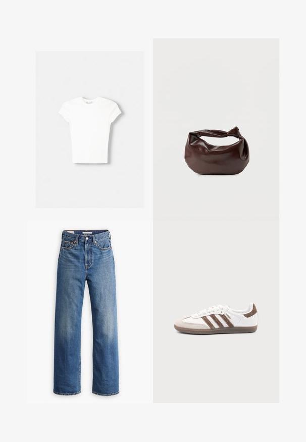 Weißes kurzärmliges T-Shirt aus weicher Baumwolle, mit Rundhalsausschnitt und figurbetonter Form. Keine sichtbaren Muster oder Verzierungen.; Hellblaue Jeans aus Denim mit hoher Taille, weitem Bein, klassischem Fünf-Taschen-Design und subtilen Verwaschungen im Stoff.; Weißer Adidas Samba Sneaker mit braunen Wildlederstreifen, brauner Gummisohle und beiger Wildlederkappe, von der Außenseite auf schlichtem Hintergrund gezeigt.; Dunkelbraune Lederschultertasche mit weicher, lockerer Form und einem gedrehten Knotengriff vor schlichtem weißem Hintergrund.