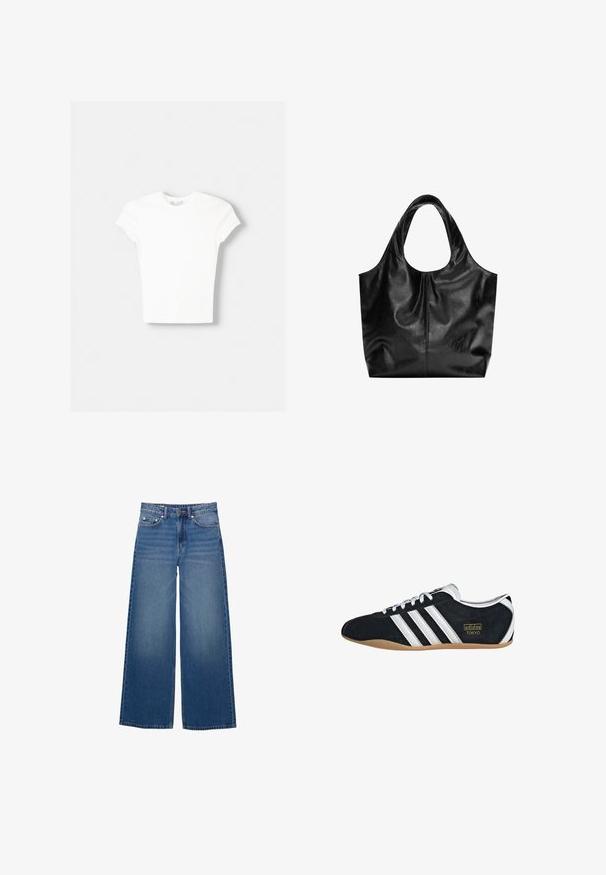 Hvid kortærmet t-shirt lavet af blød bomuld, med rund halsudskæring og en tætsiddende form. Ingen synlige mønstre eller udsmykninger.; Vidde-ben denimjeans i en mellemblå vask, med høj talje, fem-lomme design og syningsdetaljer langs sømmene.; Sort ruskinds sneaker med hvide tre striber, guldlogo og en brun gummisål. Har et lavprofil snørebåndsdesign.; Sort læder tote taske med en glat overflade, en blød, afrundet top og brede håndtag. Har minimal syning og en afslappet silhuet.