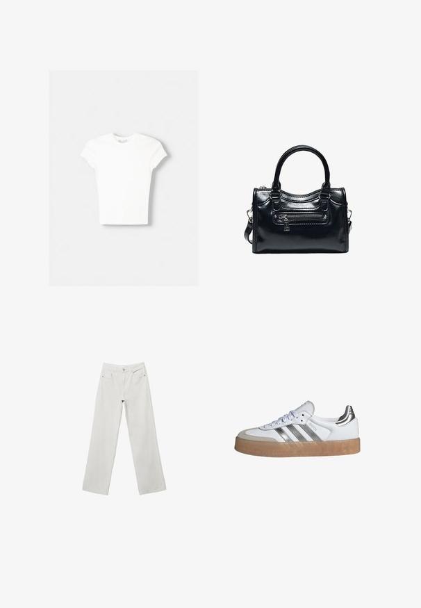 T-shirt blanc à manches courtes en coton doux, avec un col rond et une coupe ajustée. Pas de motifs ni d'ornements visibles.; Jeans en denim blanc à jambes larges avec taille haute, design à cinq poches et coutures ton sur ton. Braguette à bouton et zipper. Texture lisse.; Baskets blanches avec trois rayures argentées, une semelle en caoutchouc beige et un dessus en tissu texturé blanc avec un bout rond et un système de fermeture à lacets.; Sac à main en cuir noir brillant avec deux poignées, poche avant zippée et bandoulière amovible sur fond blanc.