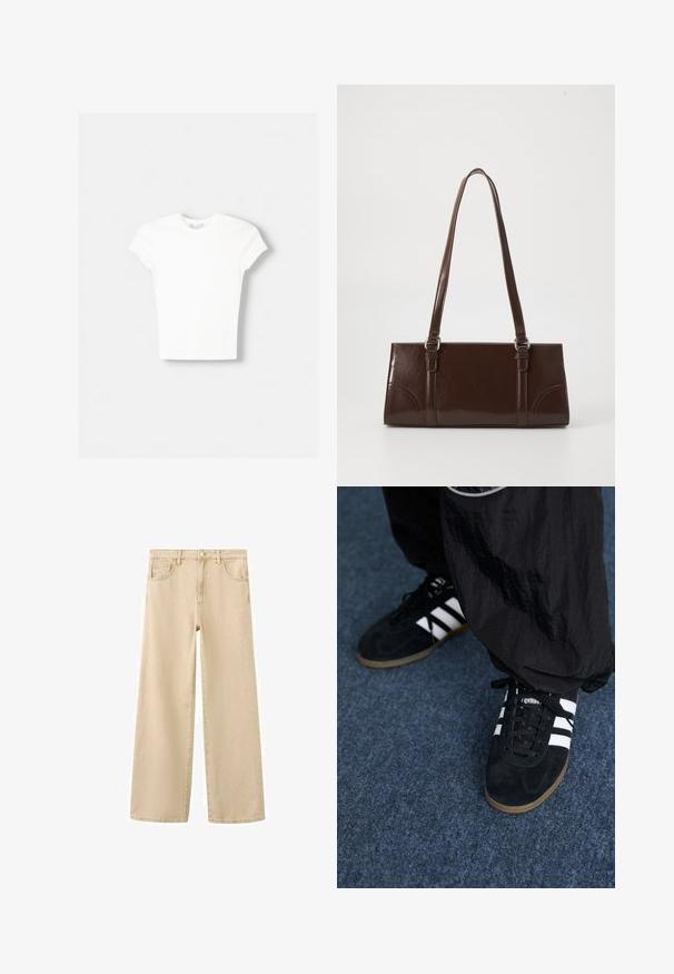 T-shirt blanc à manches courtes en coton doux, avec un col rond et une coupe ajustée. Pas de motifs ni d'ornements visibles.; Jean beige à jambes larges avec fermeture à bouton et zip à l'avant, passants pour ceinture et poches avant, présenté sur fond blanc.; Des chaussures de sport en suède noir avec trois rayures blanches et des lacets noirs. Un pantalon noir texturé est partiellement visible à côté des chaussures.; Sac à main en cuir verni marron de forme rectangulaire, avec deux longues poignées et des accents courbés subtils à l'avant.