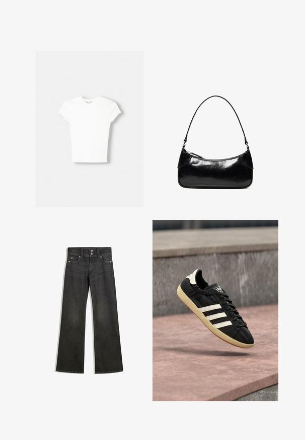 Weißes kurzärmliges T-Shirt aus weicher Baumwolle, mit Rundhalsausschnitt und figurbetonter Form. Keine sichtbaren Muster oder Verzierungen.; Schwarze Denim-Straßenhosen mit weitem Bein und einer taillierten Taille, die sichtbare Nähte, zwei Fronttaschen und silberne Beschläge an den Knöpfen aufweisen.; Schwarzer Adidas-Sneaker mit weißen Streifen und beiger Sohle, in der Luft über einer steinernen Oberfläche und mit Steinwand im Hintergrund aufgenommen.; Schwarze, glänzende Lederschultertasche mit einem einzelnen Reißverschlussfach und einem dünnen, bogenförmig gebogenen Träger.
