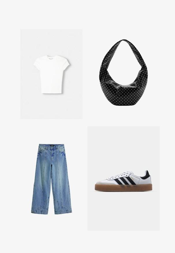 Witte t-shirt met korte mouwen van zachte katoen, met een ronde halslijn en een getailleerde vorm. Geen zichtbare patronen of versieringen.; Lichtblauwe wijde jeans van denim, met een hoge taille, opvallende stiksels en patchachtige accenten op de achterzakken.; Witte leren sneakers met zwarte strepen, gumrubberen buitenzool, ronde neus, vetersluiting en een zachte grijze suède neuskap.; Zwarte leren handtas met een nonchalante vorm, versierd met zilveren studs en een brede schouderband. Gladde textuur met een geplooid ontwerp.