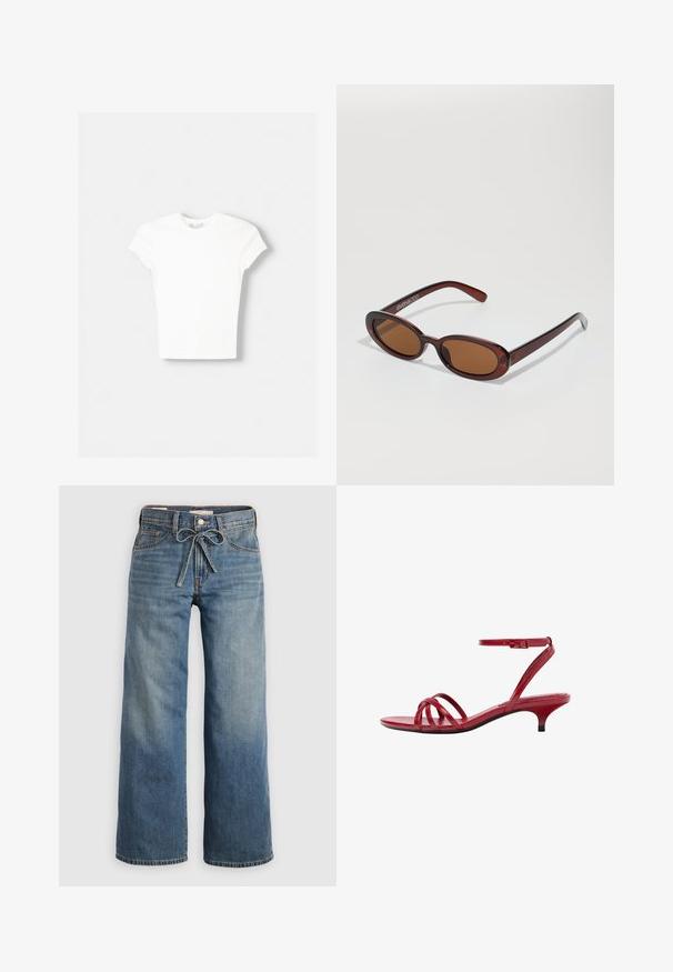 T-shirt blanc à manches courtes en coton doux, avec un col rond et une coupe ajustée. Pas de motifs ni d'ornements visibles.; Jeans large en denim bleu claire, avec une taille élastique à cordon de serrage, deux poches avant et un léger dégradé pour ajouter de la texture.; Sandale en cuir verni rouge avec fines lanières croisées, boucle à la cheville, bout ouvert et petit talon kitten.; Lunettes de soleil rondes teinte brun avec une monture bordeaux brillante. Branches fines avec un détail de marque subtil. Design de verres plats.