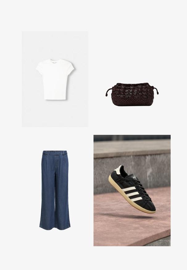 Hvid kortærmet t-shirt lavet af blød bomuld, med rund halsudskæring og en tætsiddende form. Ingen synlige mønstre eller udsmykninger.; Mørkeblå denimbukser med lige ben, elastisk talje og bæltestropper, uden synlige lommer, præsenteret på en hvid baggrund.; Sort Adidas sneaker med hvide striber og beige sål, fanget i luften over en stenet overflade og baggrund af en stenmur.; Mørkebrun vævet clutchnet med flettet tekstur og snøre lukning på begge sider mod en hvid baggrund.