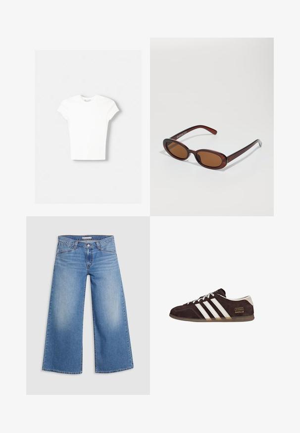 Witte t-shirt met korte mouwen van zachte katoen, met een ronde halslijn en een getailleerde vorm. Geen zichtbare patronen of versieringen.; Lichtblauwe wijde denim jeans met een hoge taille, klassieke vijf-pocket design en subtiele vervaging langs de benen.; Bruine suède sneakers met drie witte strepen, rubberen zool en een tekstlabel met de tekst "Gazelle" in goud. Vetersluiting met grijze veters.; Ronde, bruin getinte zonnebril met een glanzend bordeauxrood frame. Slanke pootjes met subtiele merkdetails. Vlakke lensontwerp.