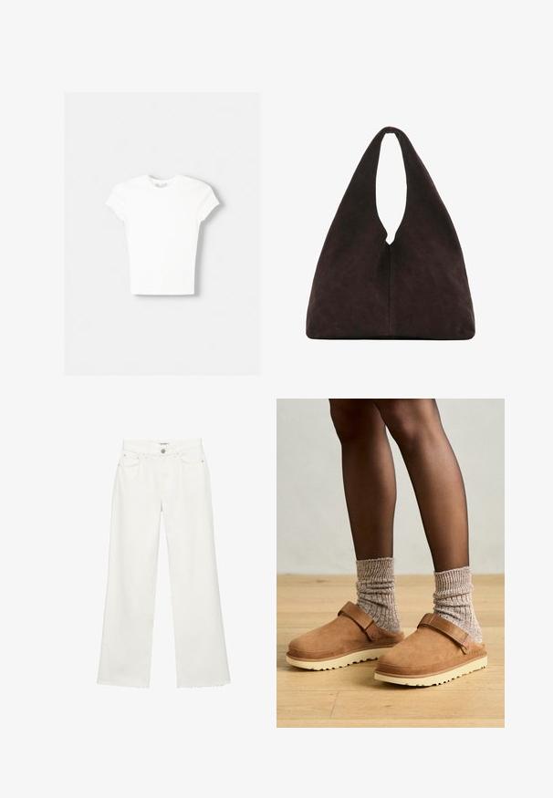T-shirt blanc à manches courtes en coton doux, avec un col rond et une coupe ajustée. Pas de motifs ni d'ornements visibles.; Pantalon en jean blanc à jambe large avec poches avant, passants de ceinture, fermeture par bouton et ourlets bruts.; Sabots en suède marron avec une sangle, semelle en caoutchouc crème et chaussettes en tricot gris texturé. Le sol est en bois clair.; Sac à bandoulière triangulaire marron foncé doux avec une poignée large unique en haut et une texture de surface lisse.