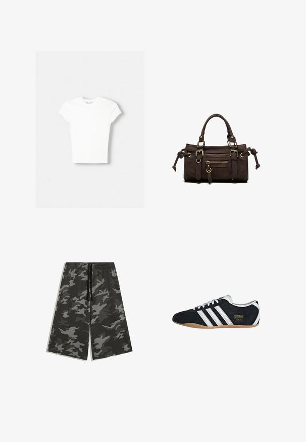 White short-sleeve t-shirt made of soft cotton, featuring a crew neckline and a fitted shape. No visible patterns or embellishments.; Dark gray and black camouflage patterned knee-length shorts with elastic waistband and black drawstring.; Black suede sneaker with white three stripes, gold logo, and a brown rubber sole. Features a low-profile lace-up design.; Dark brown leather handbag with double handles, front zipper pocket, decorative buckles, and side knots on a white background.
