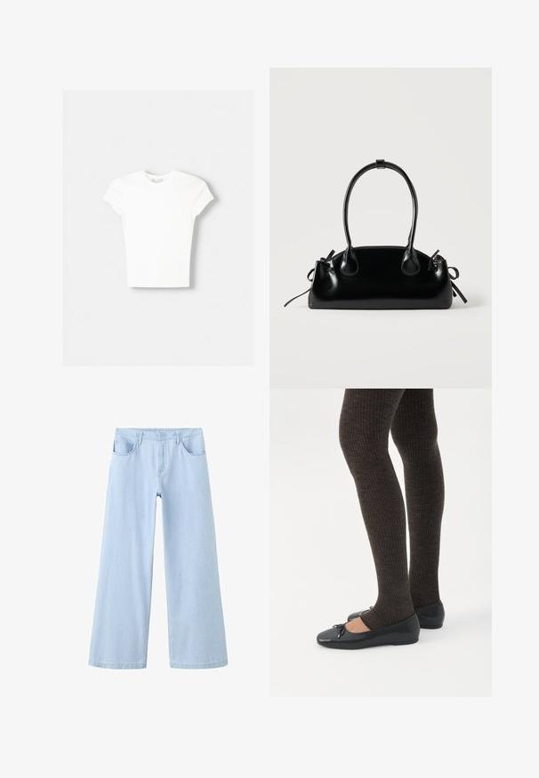 T-shirt blanc à manches courtes en coton doux, avec un col rond et une coupe ajustée. Pas de motifs ni d'ornements visibles.; Jean bleu clair à jambes larges avec poches avant et passants de ceinture, présenté sur un fond blanc.; Jambes portant des leggings côtelés foncés associés à des ballerines noires avec de petits détails en nœud sur fond blanc.; Petit sac à main noir brillant avec deux longues anses et des détails à cordon sur les côtés sur un fond clair uni.