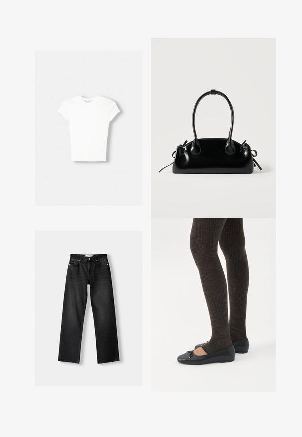 Witte t-shirt met korte mouwen van zachte katoen, met een ronde halslijn en een getailleerde vorm. Geen zichtbare patronen of versieringen.; Bershka Straight leg jeans - mottled dark grey; Benen met donkere geribbelde leggings gecombineerd met zwarte ballerina's met kleine strikdetails op een witte achtergrond.; Kleine zwarte glanzende handtas met twee lange hengsels en zijkant trekkoord details op een effen lichte achtergrond.