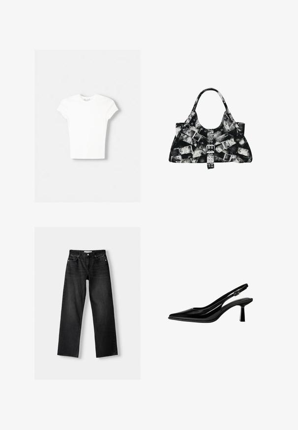 Witte t-shirt met korte mouwen van zachte katoen, met een ronde halslijn en een getailleerde vorm. Geen zichtbare patronen of versieringen.; Bershka Straight leg jeans - mottled dark grey; Zwarte lakleren slingback pump met spits toelopende neus, blokhak van gemiddelde hoogte en verstelbare gesp op witte achtergrond.; Zwart-wit handtas met patroon en gestructureerde vorm, voorzien van metalen gespen, oogjes en een zachte, gestructureerde stof. Verstelbare handvatten.