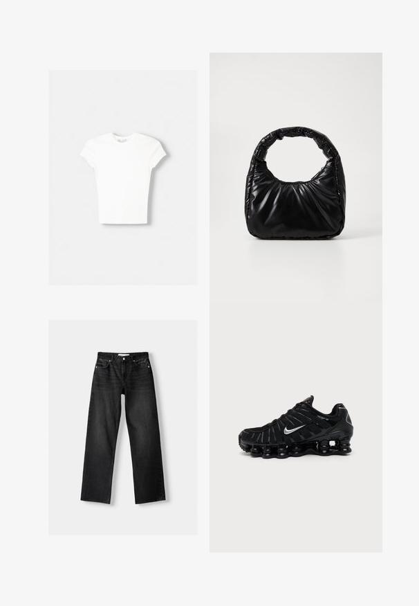 Witte t-shirt met korte mouwen van zachte katoen, met een ronde halslijn en een getailleerde vorm. Geen zichtbare patronen of versieringen.; Bershka Straight leg jeans - mottled dark grey; Zwarte Nike sportschoen met zilveren Swoosh-logo, mesh en synthetische bovenkant en een kenmerkende gesegmenteerde dempende zool.; Zwarte gevoerde handtas met een ronde handgreep, met een gladde, glanzende oppervlakte en een zachte, gewatteerde textuur. Geen zichtbare metalen onderdelen of accenten.