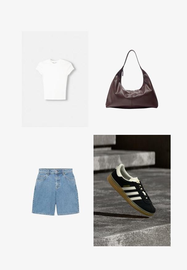 Witte t-shirt met korte mouwen van zachte katoen, met een ronde halslijn en een getailleerde vorm. Geen zichtbare patronen of versieringen.; Lichtblauwe denim shorts met een hoge taille, vier zakken en zichtbare stiksels. Gemaakt van gestructureerde denimstof.; Zwarte Adidas München sneaker met witte strepen en eenbruine zool zwevend boven getextureerde betonnen trappen.; Donkere bruine leren schoudertas met een enkele riem en een ritssluiting aan één kant, zachte slungelige structuur en een gladde textuur.