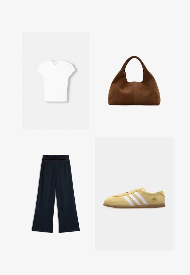 T-shirt blanc à manches courtes en coton doux, avec un col rond et une coupe ajustée. Pas de motifs ni d'ornements visibles.; Pantalon noir à jambes larges avec une taille haute repliée, posé à plat sur un fond blanc.; adidas Originals GAZELLE LO PRO W - Baskets basses - almost yellow/footwear white; Sac hobo en daim marron avec une anse large et arrondie et une forme souple et décontractée sur un fond blanc.