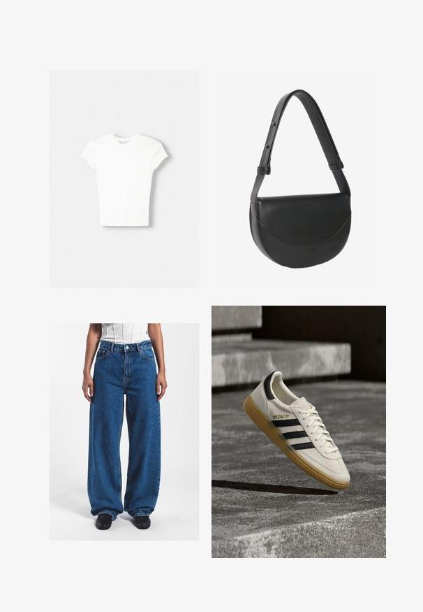 Witte t-shirt met korte mouwen van zachte katoen, met een ronde halslijn en een getailleerde vorm. Geen zichtbare patronen of versieringen.; Wijdvallende blauwe denim jeans met een hoge taille, voorzien van een knoopsluiting, voorzakken en een licht vervaagde textuur.; Witte Adidas Spezial sneaker met zwarte strepen en gumzool, zwevend boven grijze stenen trappen buiten.; Zwarte leren halvemaan schoudertas met verstelbare band en klepsluiting tegen een witte achtergrond.