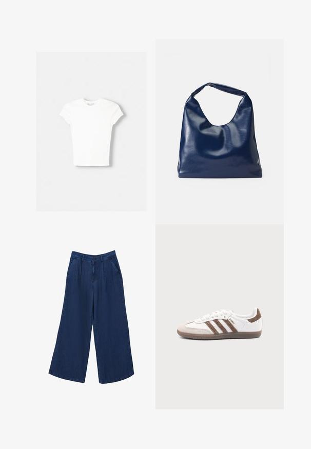 Witte t-shirt met korte mouwen van zachte katoen, met een ronde halslijn en een getailleerde vorm. Geen zichtbare patronen of versieringen.; Brede denim broeken in donkerblauw. Kenmerken zijn twee voorzakken, een knoopsluiting en een gladde textuur met een lichtgewicht stof.; Witte Adidas Samba sneaker met bruine suède strepen, bruine rubberen zool en beige suède neuskap, getoond vanaf de buitenkant op een effen achtergrond.; Marineblauwe neplederen schoudertas met een zachte, glanzende textuur, ronde vorm en een enkele, brede handgreep voor gemakkelijk dragen.