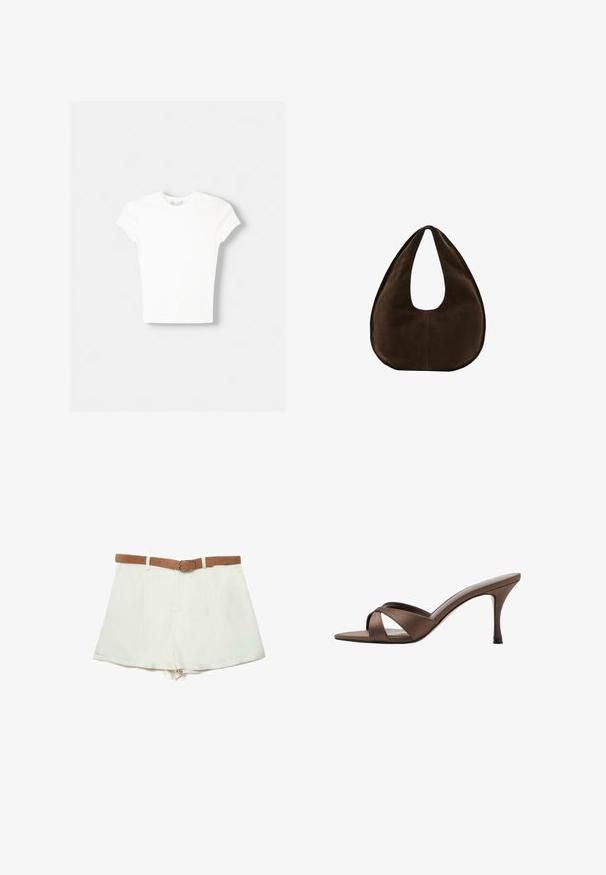 T-shirt blanc à manches courtes en coton doux, avec un col rond et une coupe ajustée. Pas de motifs ni d'ornements visibles.; Shorts blancs taille haute avec plis et ceinture en daim marron ornée d'une boucle ovale argentée.; Mule marron à bout ouvert avec brides croisées et talon haut fin, présentée sur fond blanc.; Sac à main en daim marron foncé en forme de croissant avec une seule sangle large et une texture lisse sur fond blanc.