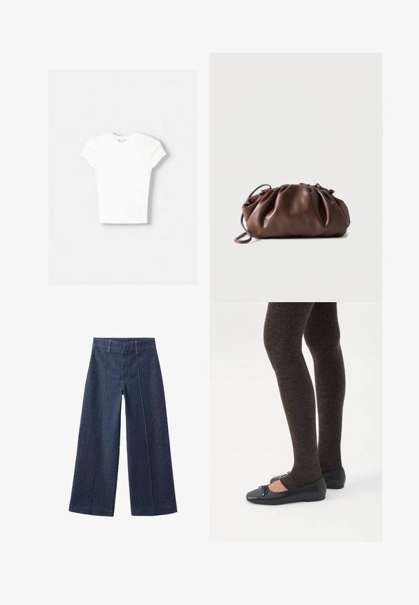 T-shirt blanc à manches courtes en coton doux, avec un col rond et une coupe ajustée. Pas de motifs ni d'ornements visibles.; Jean à jambes larges en denim foncé avec des coutures contrastantes claires. Il présente une taille haute et une coupe droite, longueur complète. Design classique sans ornement.; Jambes portant des leggings côtelés foncés associés à des ballerines noires avec de petits détails en nœud sur fond blanc.; Sacoche en cuir marron doux avec un haut froncé et une fine bandoulière, posée sur un fond blanc.