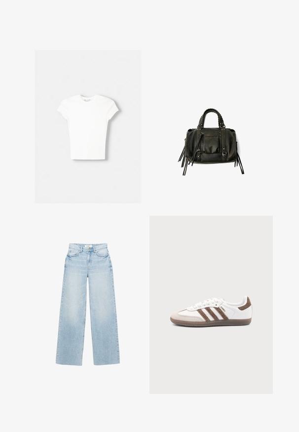 T-shirt blanc à manches courtes en coton doux, avec un col rond et une coupe ajustée. Pas de motifs ni d'ornements visibles.; Jean large à lavage clair en denim. Caractérisé par une taille haute, cinq poches et une fermeture éclair avec bouton. Texture légèrement usée.; Baskets Adidas Samba blanches avec des bandes en daim marron, semelle en caoutchouc marron et bout en daim beige, vues du côté extérieur sur un fond uni.; Sac à main en cuir noir avec des poignées tressées, une poche zippée et des glands suspendus. Surface texturée avec des clous en métal et des accents en métal.
