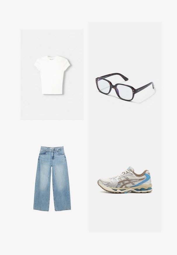 Weißes kurzärmliges T-Shirt aus weicher Baumwolle, mit Rundhalsausschnitt und figurbetonter Form. Keine sichtbaren Muster oder Verzierungen.; Hellblaue Jeans mit weitem Bein, hoher Taille, Vorderseitentaschen, Gürtelschlaufen und dünnem verstellbarem Kordelzuggürtel.; Weißer und beiger Laufschuh mit blauen Akzenten, Mesh-Obermaterial, gepolsterter Sohle und Schnürdesign, von der Außenseite gezeigt.; Schildkrötenmuster rechteckige Brille mit klaren Gläsern, die über robuste Rahmen, goldene Akzente und ein elegantes Design verfügt.