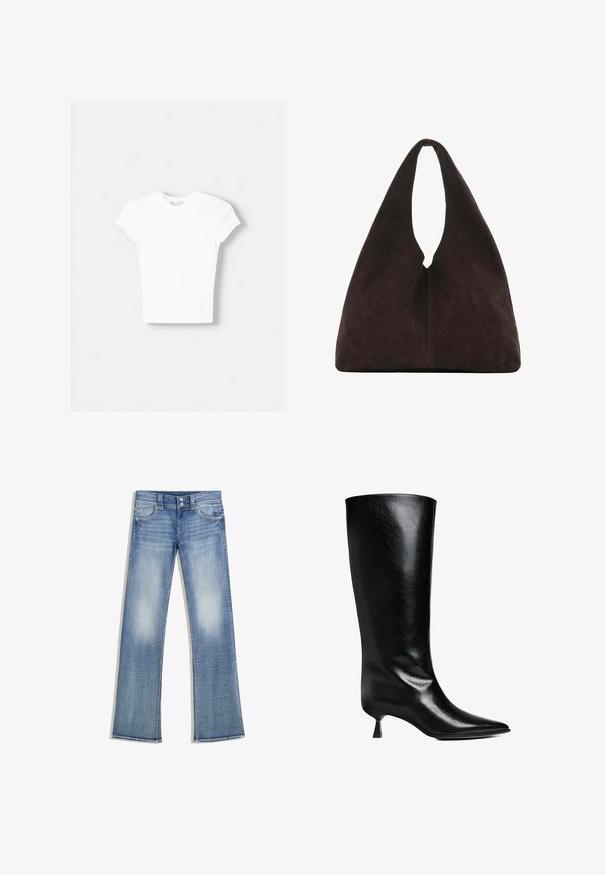 Weißes kurzärmliges T-Shirt aus weicher Baumwolle, mit Rundhalsausschnitt und figurbetonter Form. Keine sichtbaren Muster oder Verzierungen.; Hellblaue Bootcut-Jeans mit ausgewaschener Optik, fünf Taschen, Gürtelschlaufen und doppeltem Knopfverschluss, flach auf weißem Hintergrund liegend.; Schwarze Lederstiefel bis zum Knie mit spitzem Zehenbereich, schlanker Silhouette und niedrigem Blockabsatz mit glänzender Oberfläche.; Weiche dunkelbraune dreieckige Schultertasche mit einem einzelnen breiten Grifföffnung oben und glatter Oberflächenstruktur.