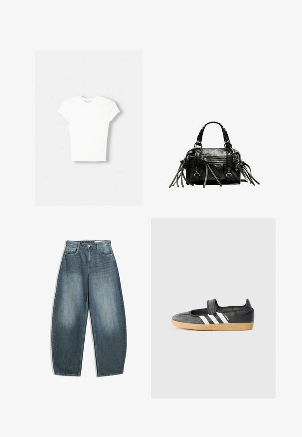 Witte t-shirt met korte mouwen van zachte katoen, met een ronde halslijn en een getailleerde vorm. Geen zichtbare patronen of versieringen.; Lichtblauwe denim wijde pijpen jeans hebben een hoge taille, vijf zakken, subtiele vervaging en stikselaccenten langs de naden.; Zwarte leren en suède sneaker met een klittenbandsluiting, voorzien van drie witte strepen en een gumzool, met de naam "SAMBA" aan de zijkant.; Zwarte leren handtas met gevlochten handvatten, textuur op het oppervlak, ritsvak aan de voorkant en decoratieve franjes. Compacte en gestructureerde vorm.