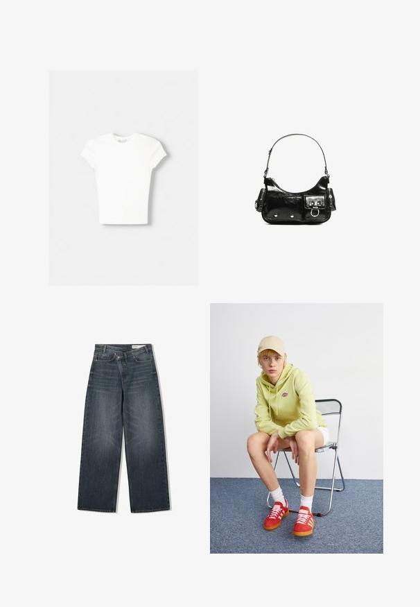 T-shirt blanc à manches courtes en coton doux, avec un col rond et une coupe ajustée. Pas de motifs ni d'ornements visibles.; Jean en denim foncé avec une coupe large, doté d'une taille haute, de cinq poches et d'un léger délavage sur le devant.; Un sweat à capuche vert clair avec logo, un short blanc, des baskets rouges avec rayures blanches, assis sur une chaise pliante en chrome contre un fond neutre.; Sac à main en cuir verni noir avec une forme incurvée, une bandoulière, des poches avant et des accents en métal argenté.