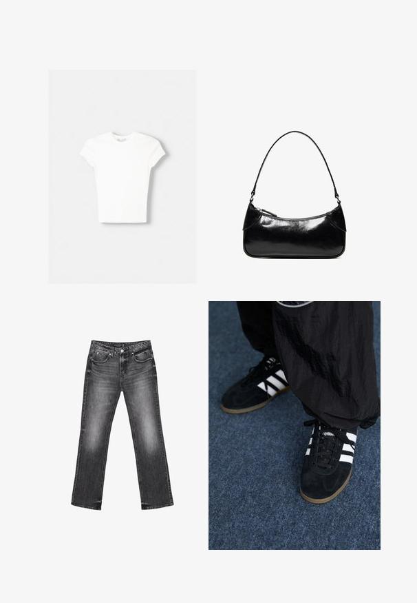 Witte t-shirt met korte mouwen van zachte katoen, met een ronde halslijn en een getailleerde vorm. Geen zichtbare patronen of versieringen.; Zwarte denim jeans met een recht model, vervaagde textuur en vijf zakken. Beschikt over riemlussen en een ritssluiting.; Zwarte suède sportschoenen met drie witte strepen en zwarte veters. Een gestructureerde zwarte broek is deels zichtbaar naast de schoenen.; Zwarte glanzende leren schoudertas met één ritssluitingvak en een dunne band die in een boogvorm is gebogen.