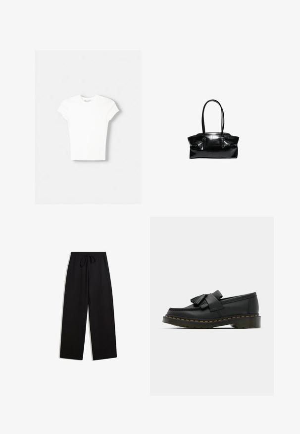T-shirt blanc à manches courtes en coton doux, avec un col rond et une coupe ajustée. Pas de motifs ni d'ornements visibles.; Pantalons de survêtement noirs en tissu doux, avec une taille à cordon de serrage, un design à jambe large et sans motifs ni accents visibles.; Mocassins en cuir noir avec un bout rond, présentant un détail à franges et une bande décorative à l'avant, montés sur un talon épais.; Sac à main en cuir noir avec deux longues anses et des détails à boucle, avec un motif quadrillé texturé sur la surface.